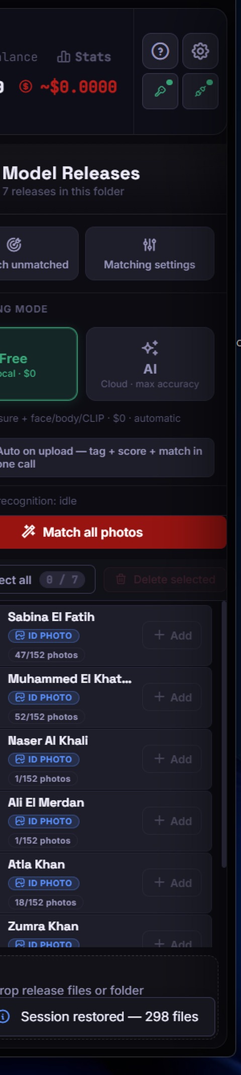 .tag.shock Model Releases panel with Free local and AI cloud matching modes, showing 7 matched model releases including Sabina El Fatih and Muhammed El Khat