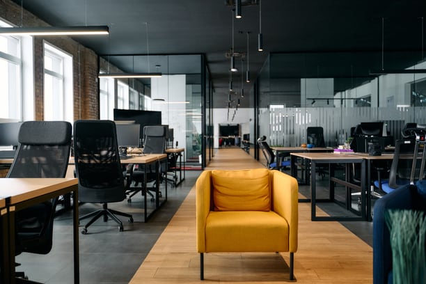 Open-plan office interior — retouched, perspective-corrected and graded